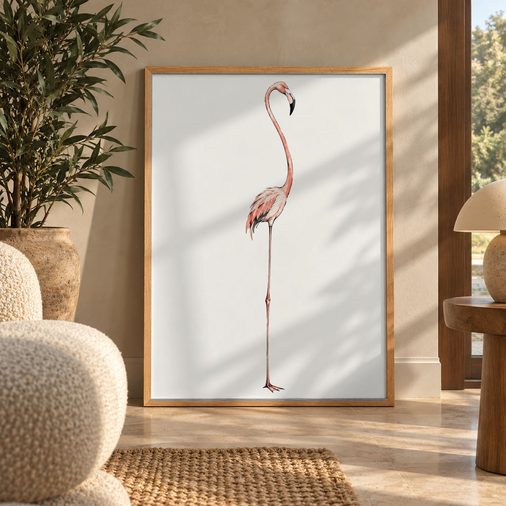 A graceful flamingo poised on one leg, rendered in soft watercolor pinks against a warm cream background — wall art poster display