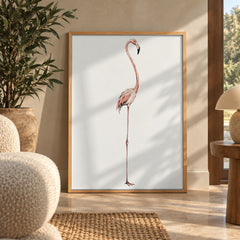 A graceful flamingo poised on one leg, rendered in soft watercolor pinks against a warm cream background — wall art poster display