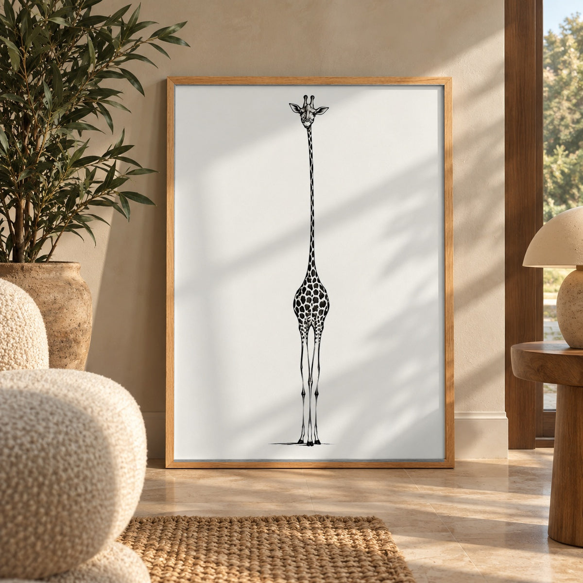 A striking minimalist portrait of a giraffe, drawn in fine ink detail against a soft cream background — wall art poster display