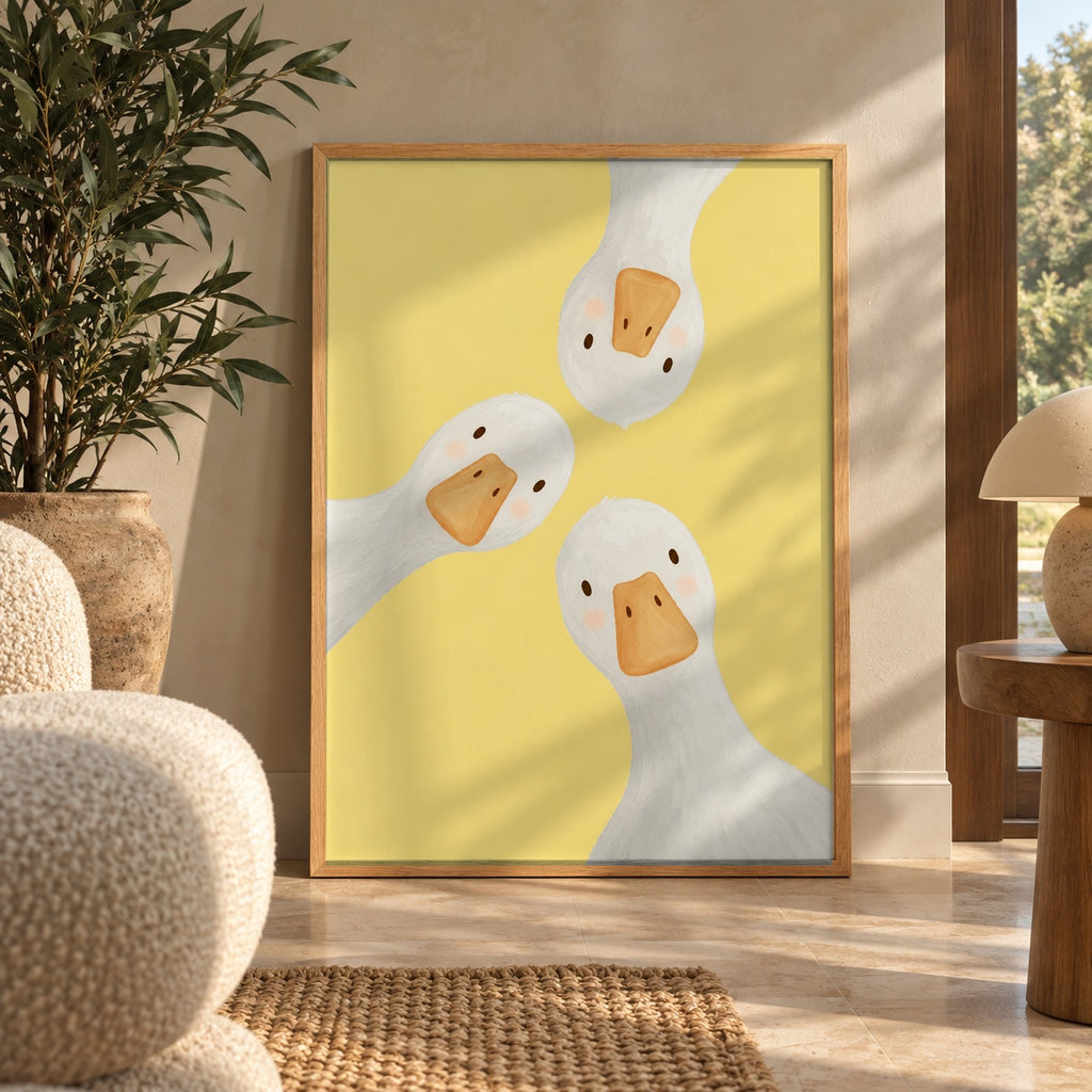 Three blushing-cheeked geese lean in close on a cheerful yellow background — wall art poster display