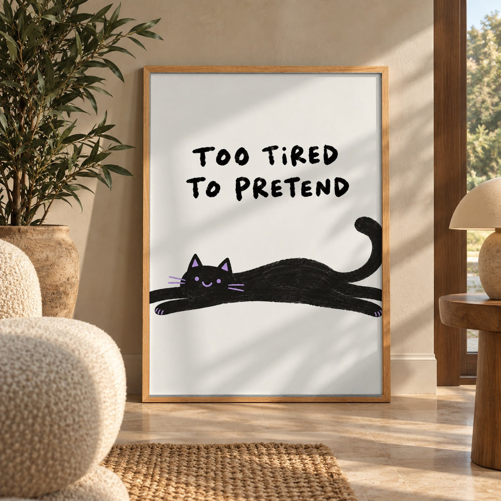 A sprawled-out black cat with a cheeky little smile, too tired to pretend anymore — wall art poster display