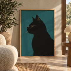 A sleek black cat profile, shades on and toothpick in mouth, poses against a deep teal backdrop — wall art poster display