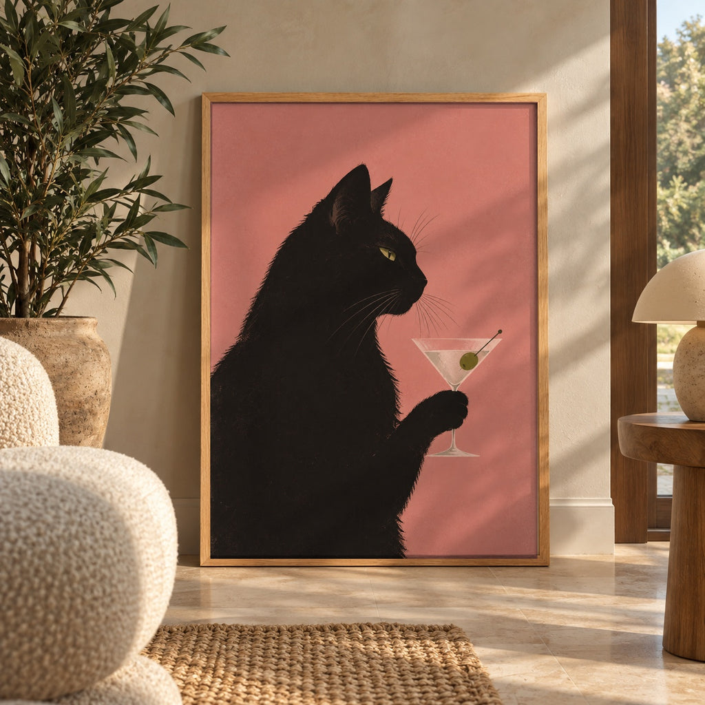 A sleek black cat holds a martini glass with an olive against a soft coral backdrop — wall art poster display