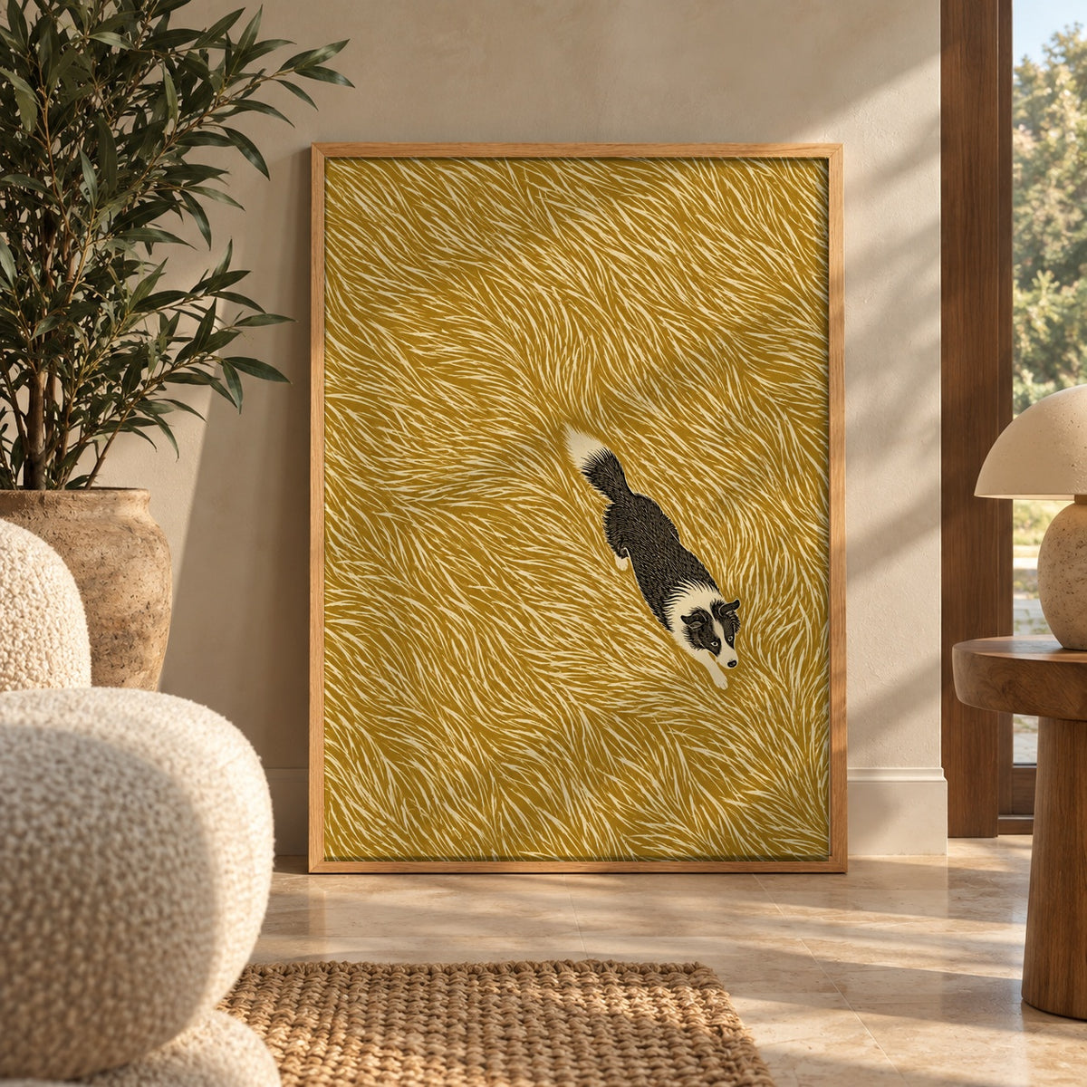 A sharp black-and-white collie moves through a sea of textured golden grass — wall art poster display