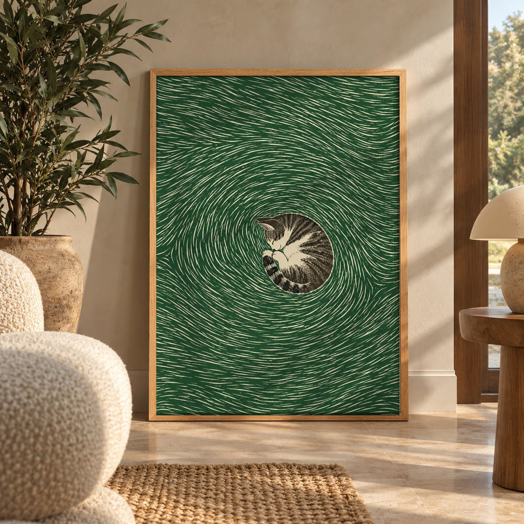 A sleeping tabby cat curls into a tight spiral at the center of swirling emerald linework — wall art poster display