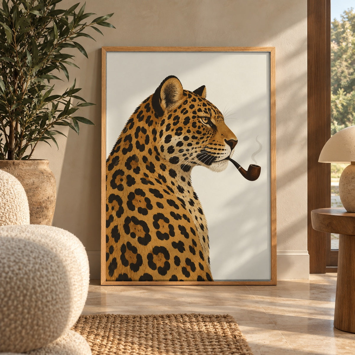 A distinguished leopard poses in profile, calmly puffing on a wooden pipe — wall art poster display