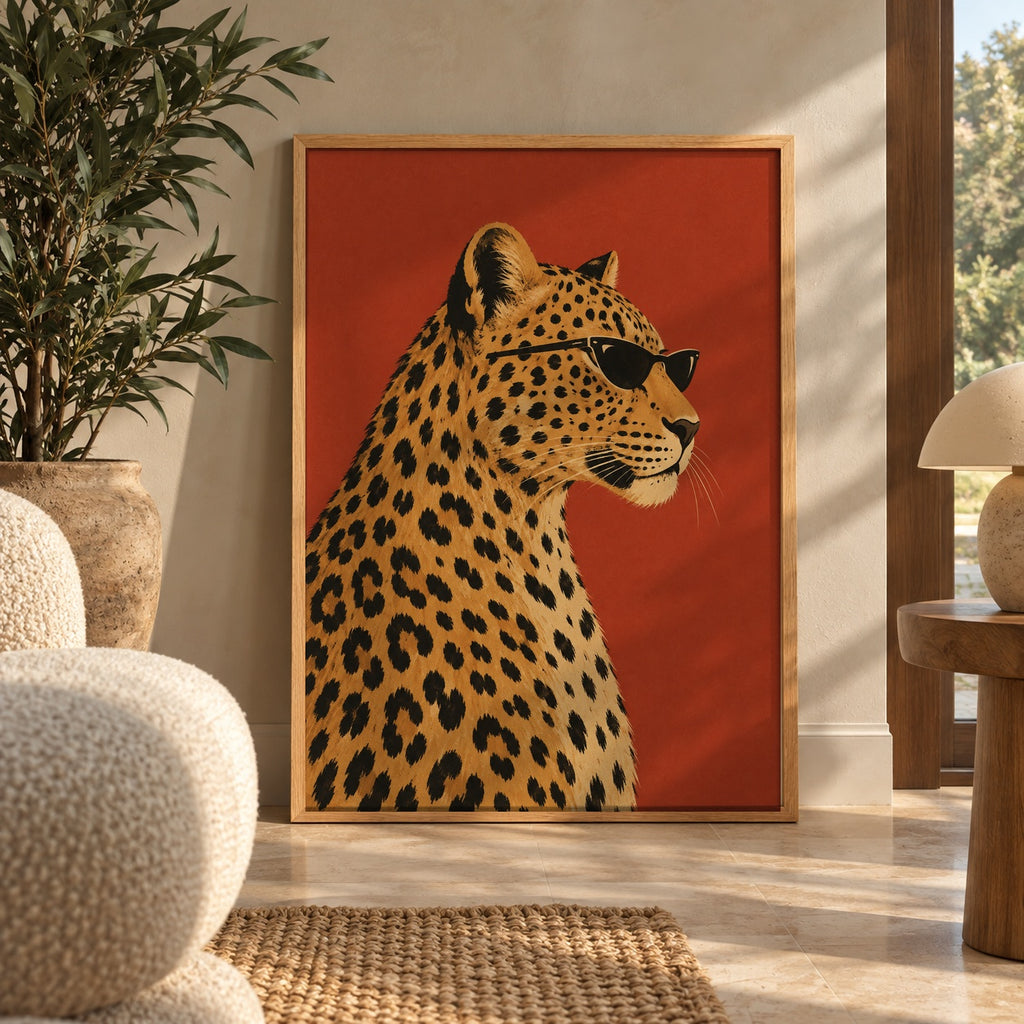 A stylish leopard strikes a pose in sleek black sunglasses against a bold terracotta backdrop — wall art poster display