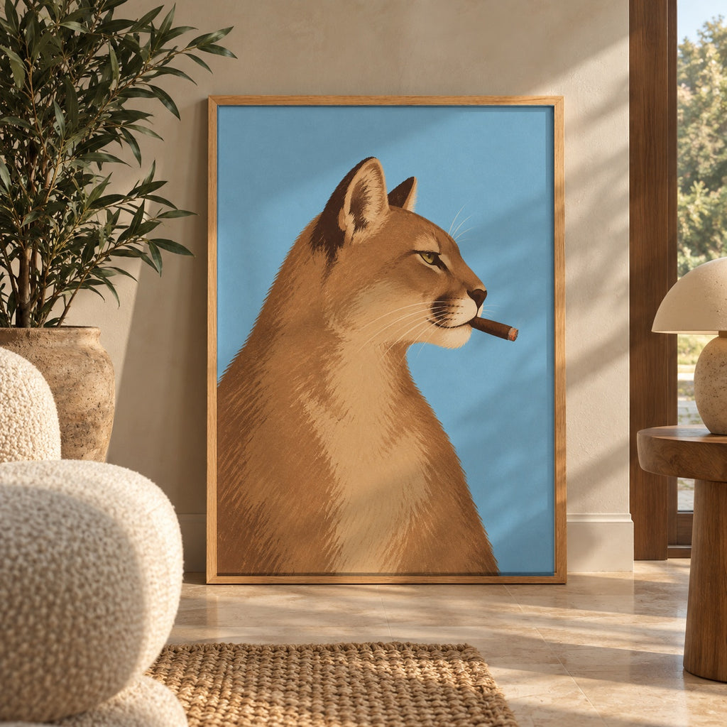 A sly mountain lion strikes a confident pose, cigar in mouth, against a bold sky-blue backdrop — wall art poster display