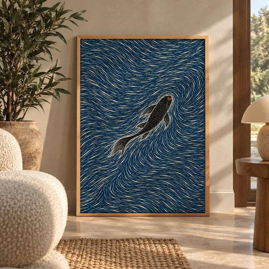 A lone black koi glides through hypnotic swirls of deep indigo and cream — wall art poster display