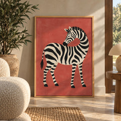 A playful painterly zebra curves its neck against a warm terracotta backdrop — wall art poster display