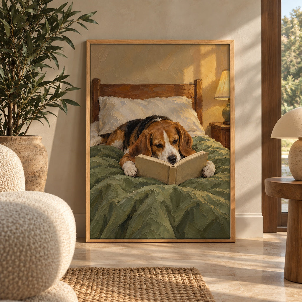 A cozy beagle curls up in bed, nose deep in a book under warm lamplight — wall art poster display