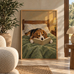A cozy beagle curls up in bed, nose deep in a book under warm lamplight — wall art poster display