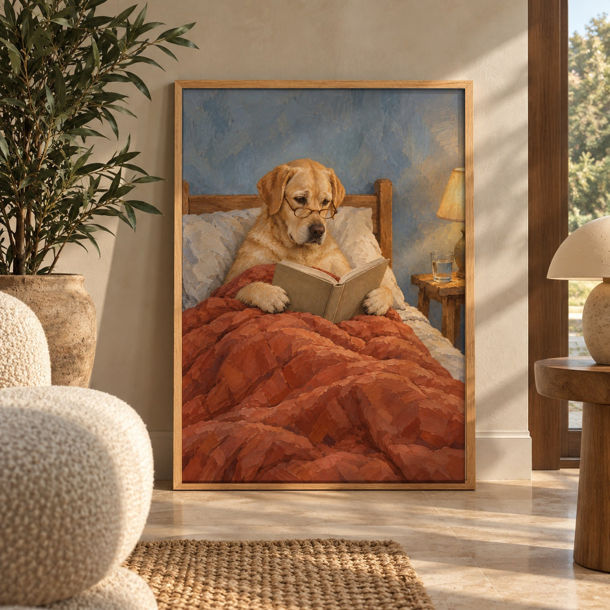 A cosy golden Labrador settles in for a bedtime story, glasses on and blanket pulled up tight — wall art poster display