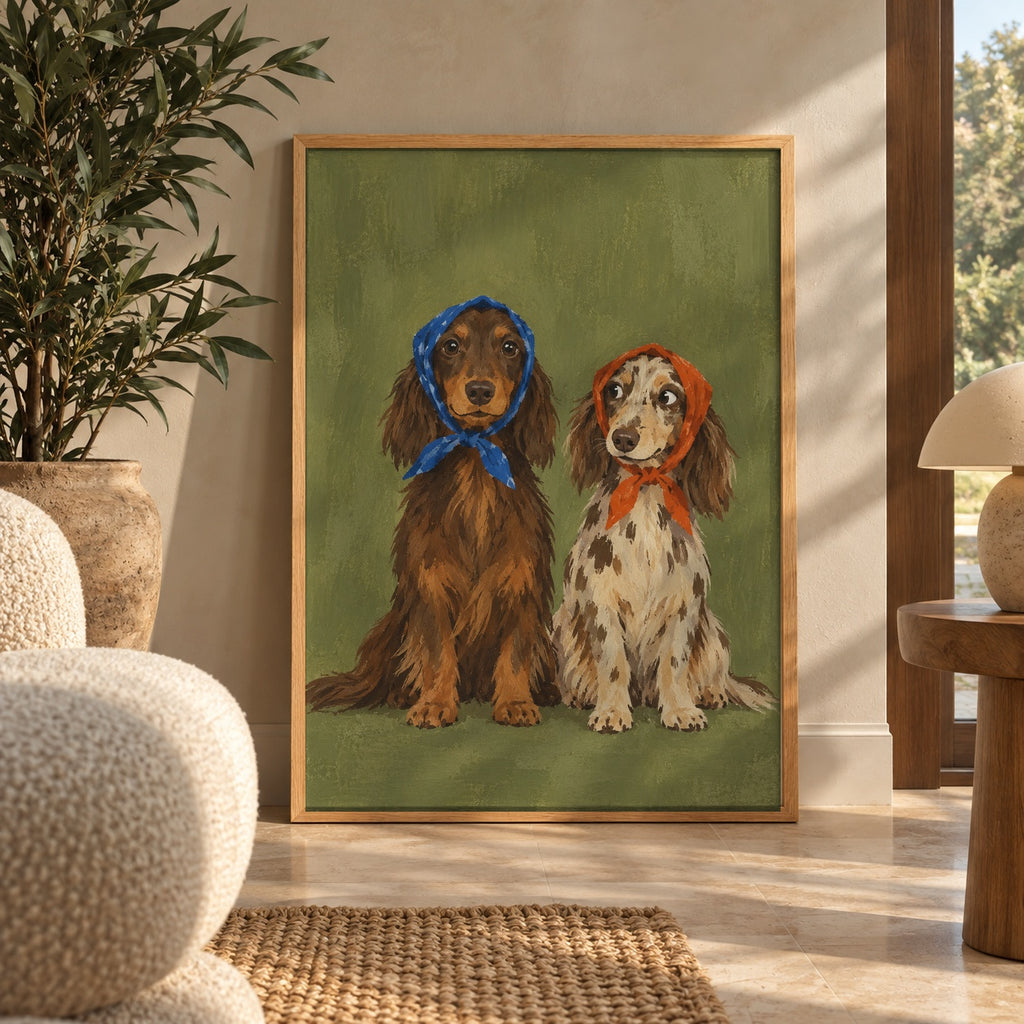 Two long-haired dachshunds pose side by side in colorful headscarves against an olive-green backdrop — wall art poster display