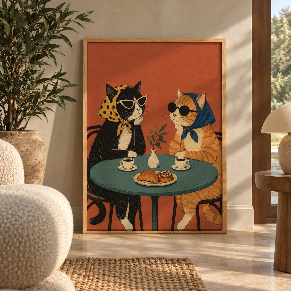 Two stylish cats in sunglasses and headscarves enjoy coffee and pastries at a cozy café table — wall art poster display