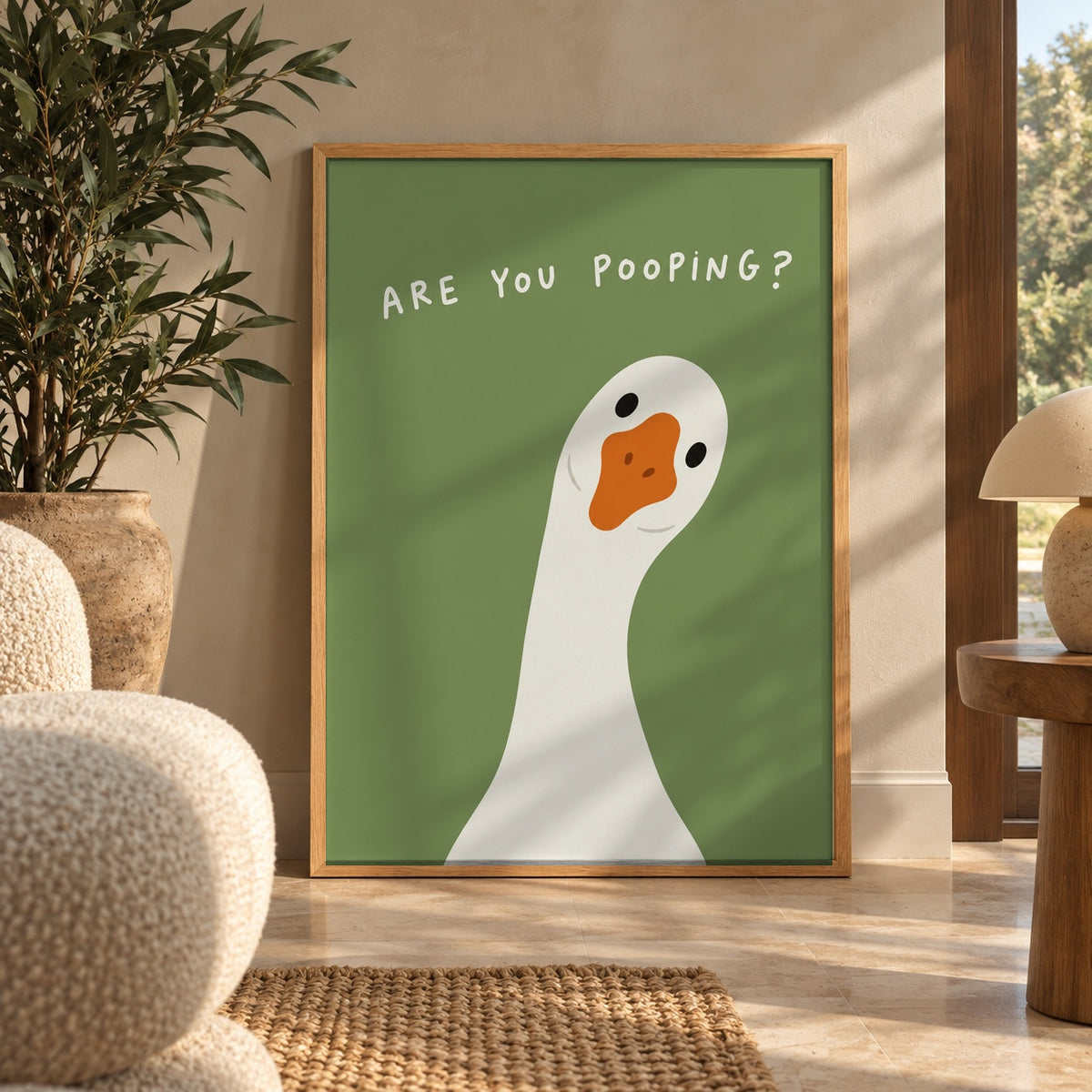 A cheeky goose pokes its head in to ask the one question nobody wants answered — wall art poster display