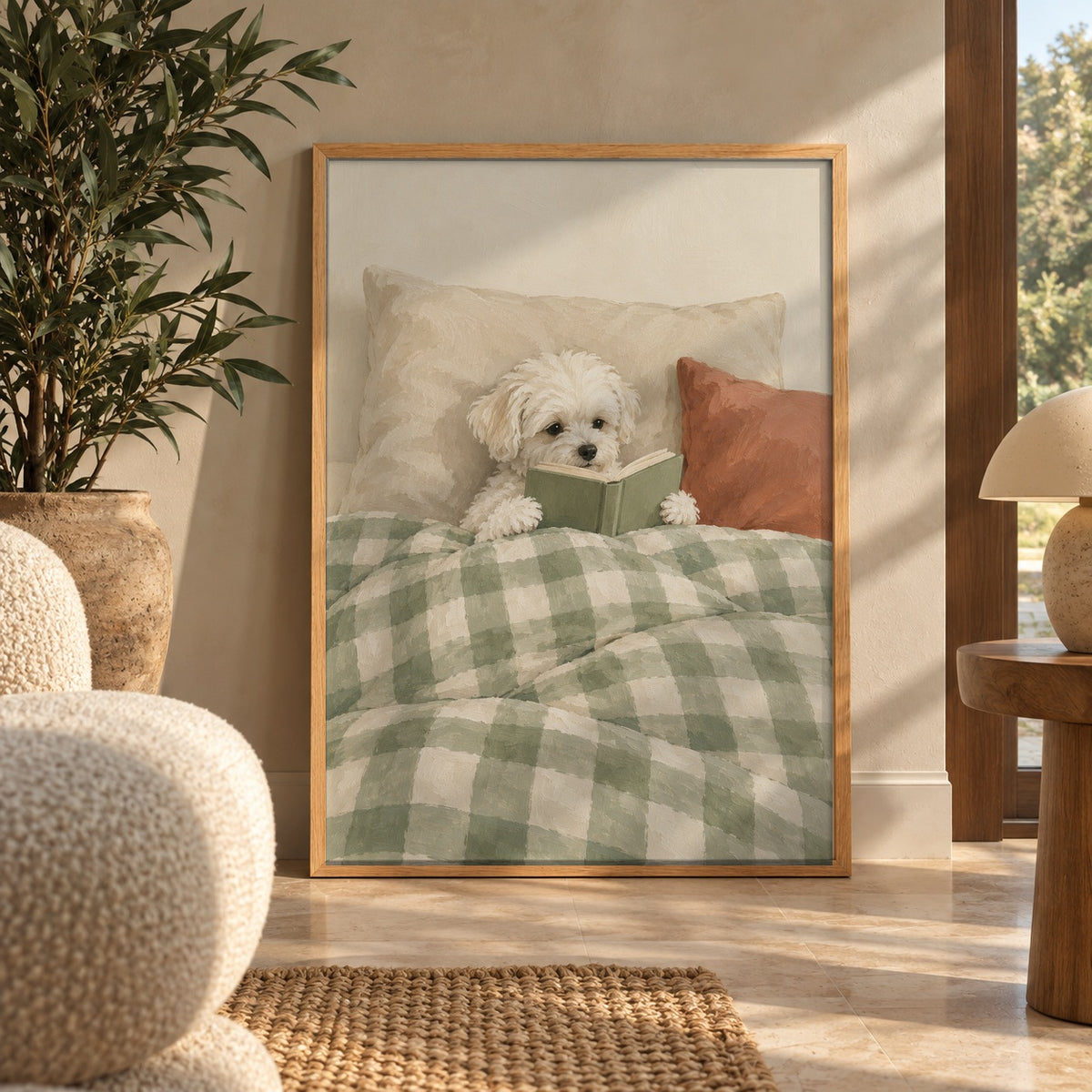 A fluffy white puppy curls up in bed, nose in a little green book — wall art poster display