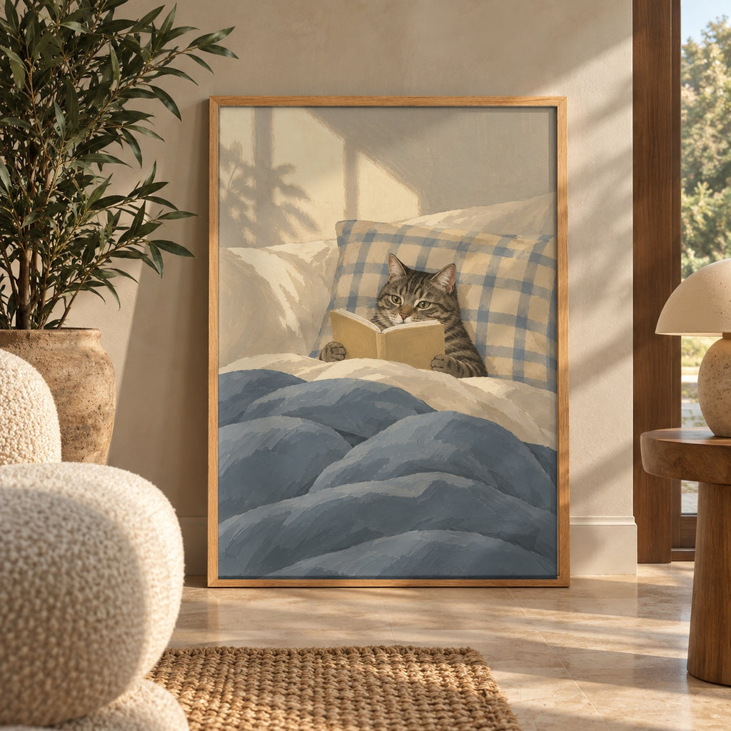 A cozy tabby cat sits propped against plaid pillows, paging through a book in soft morning light — wall art poster display