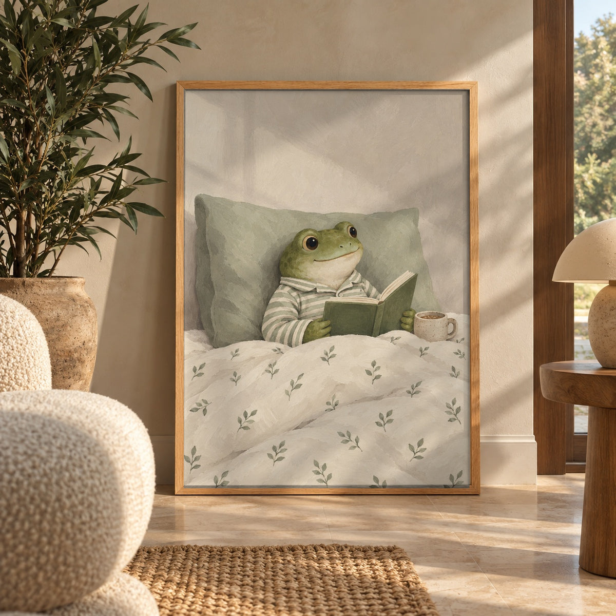 A whimsical frog in striped pajamas enjoys a quiet morning in bed, book in paw and cocoa close by — wall art poster display