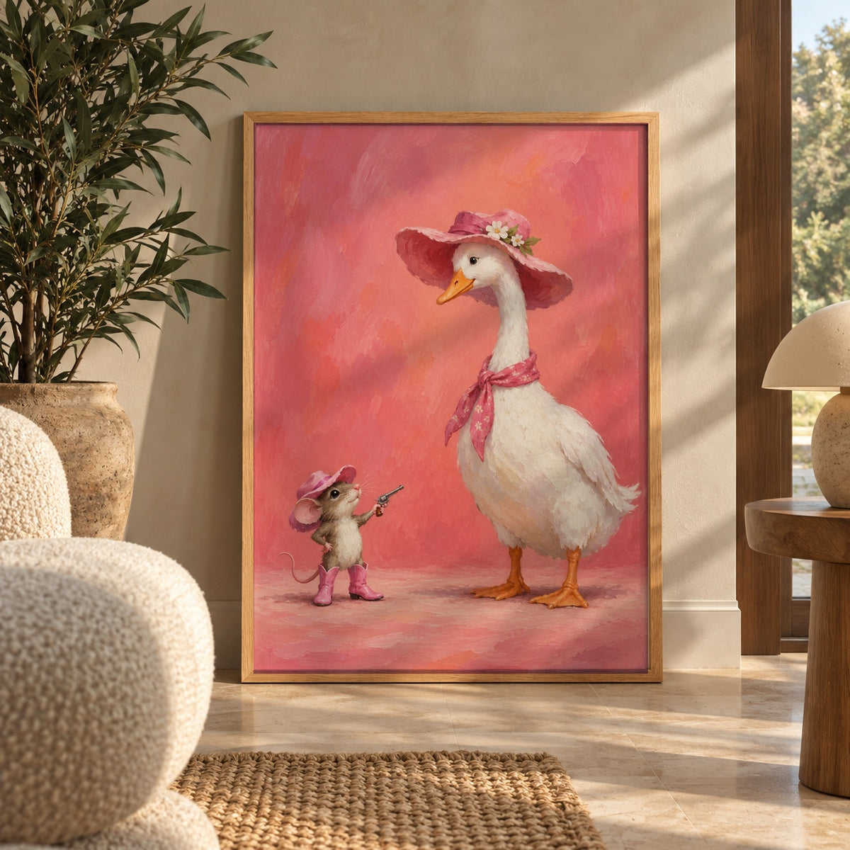 A tiny mouse in pink boots and a floral hat squares off with a ladylike goose in a matching bonnet — wall art poster display
