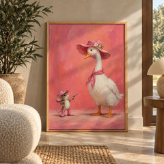 A tiny mouse in pink boots and a floral hat squares off with a ladylike goose in a matching bonnet — wall art poster display