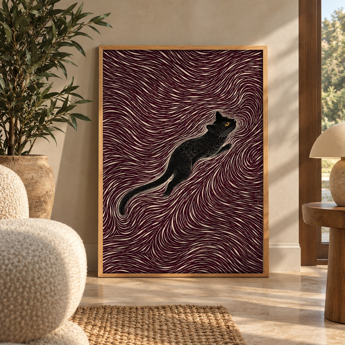A sleek black cat stretches gracefully through a hypnotic swirl of maroon and cream lines — wall art poster display