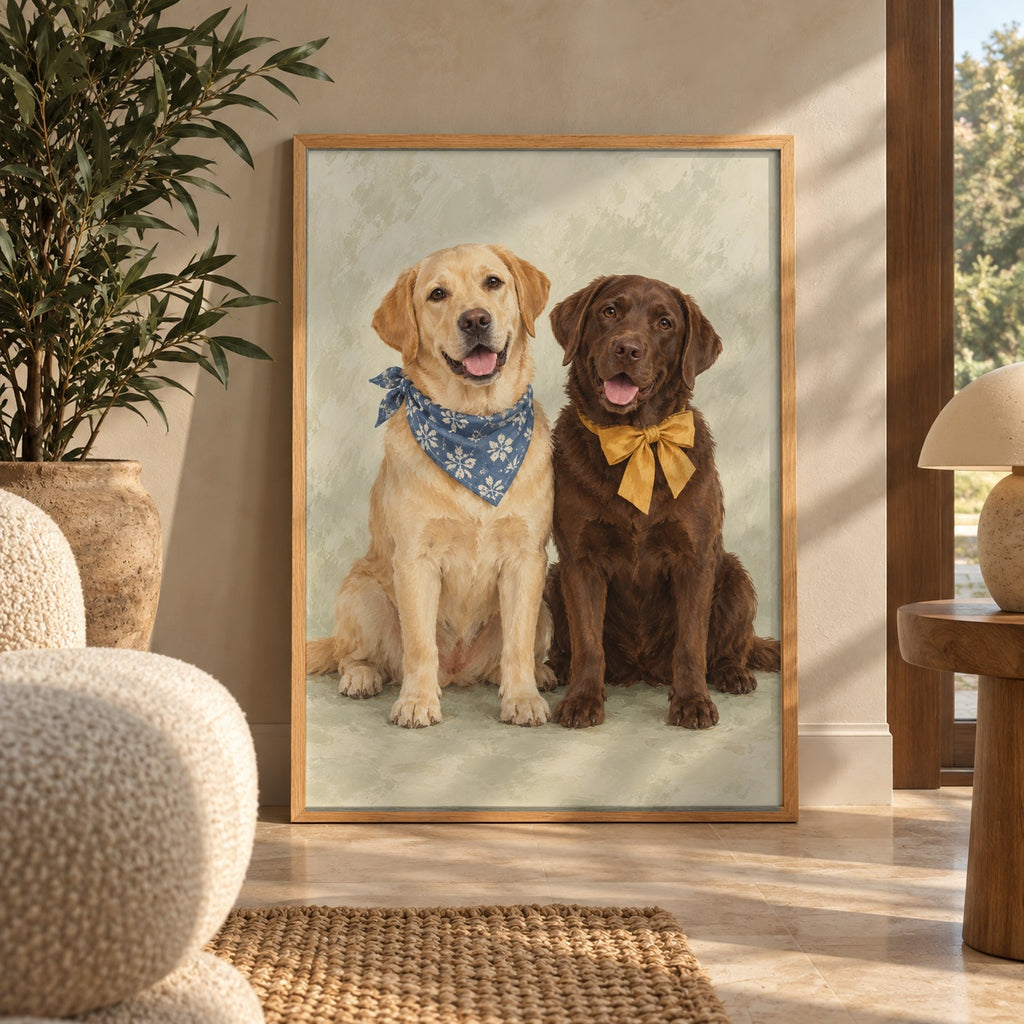 A golden Labrador in a blue bandana sits beside a chocolate Labrador wearing a mustard bow tie, both smiling for the camera — wall art poster display