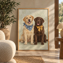 A golden Labrador in a blue bandana sits beside a chocolate Labrador wearing a mustard bow tie, both smiling for the camera — wall art poster display