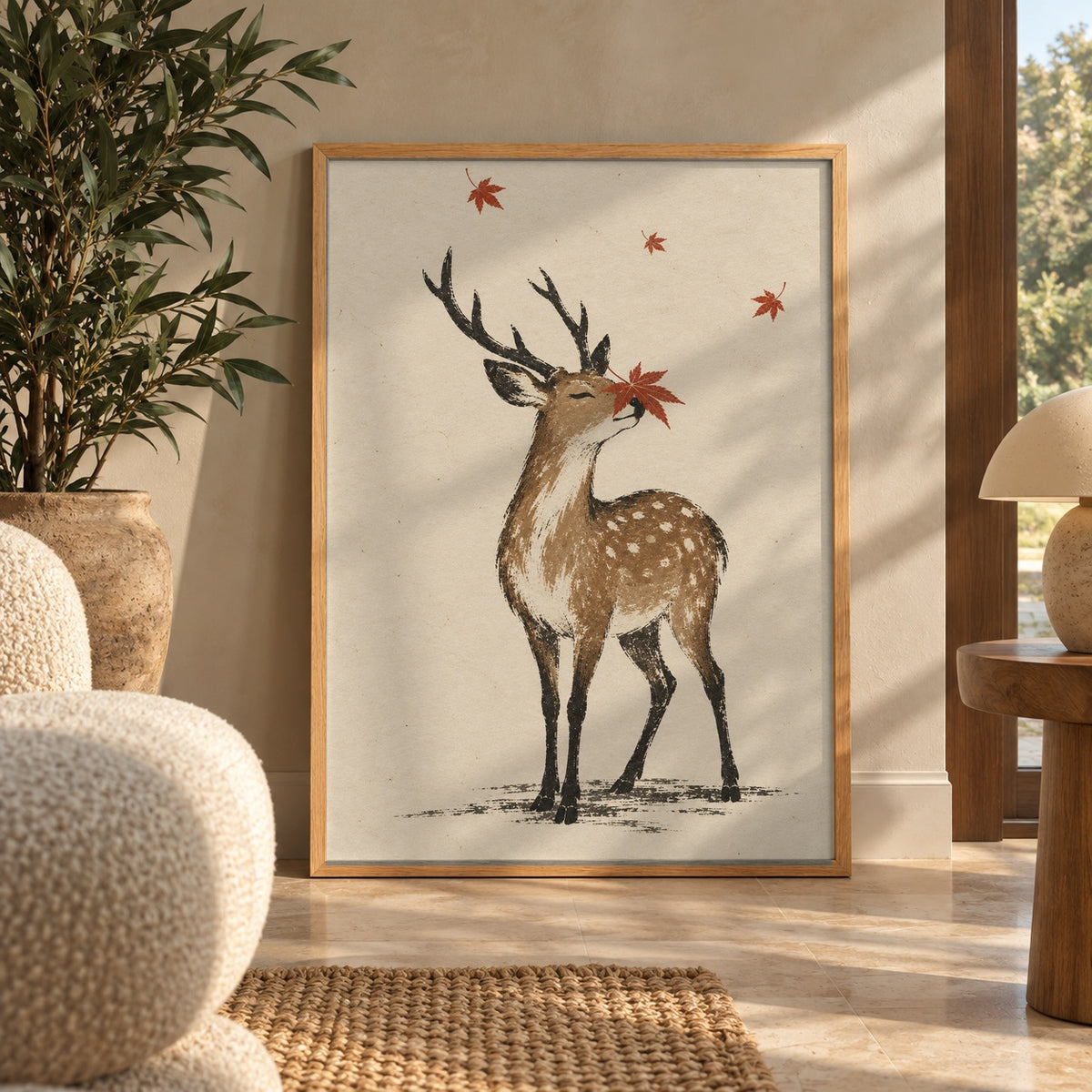 A gentle stag catches a maple leaf on its nose amid a soft autumn breeze — wall art poster display
