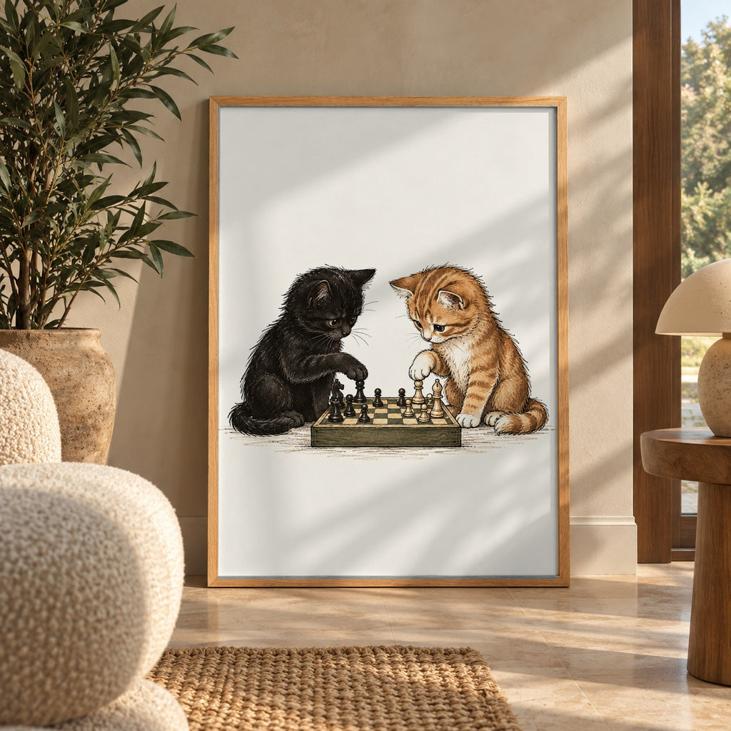 A black kitten and a ginger kitten face off over a chessboard, each pondering their next move — wall art poster display