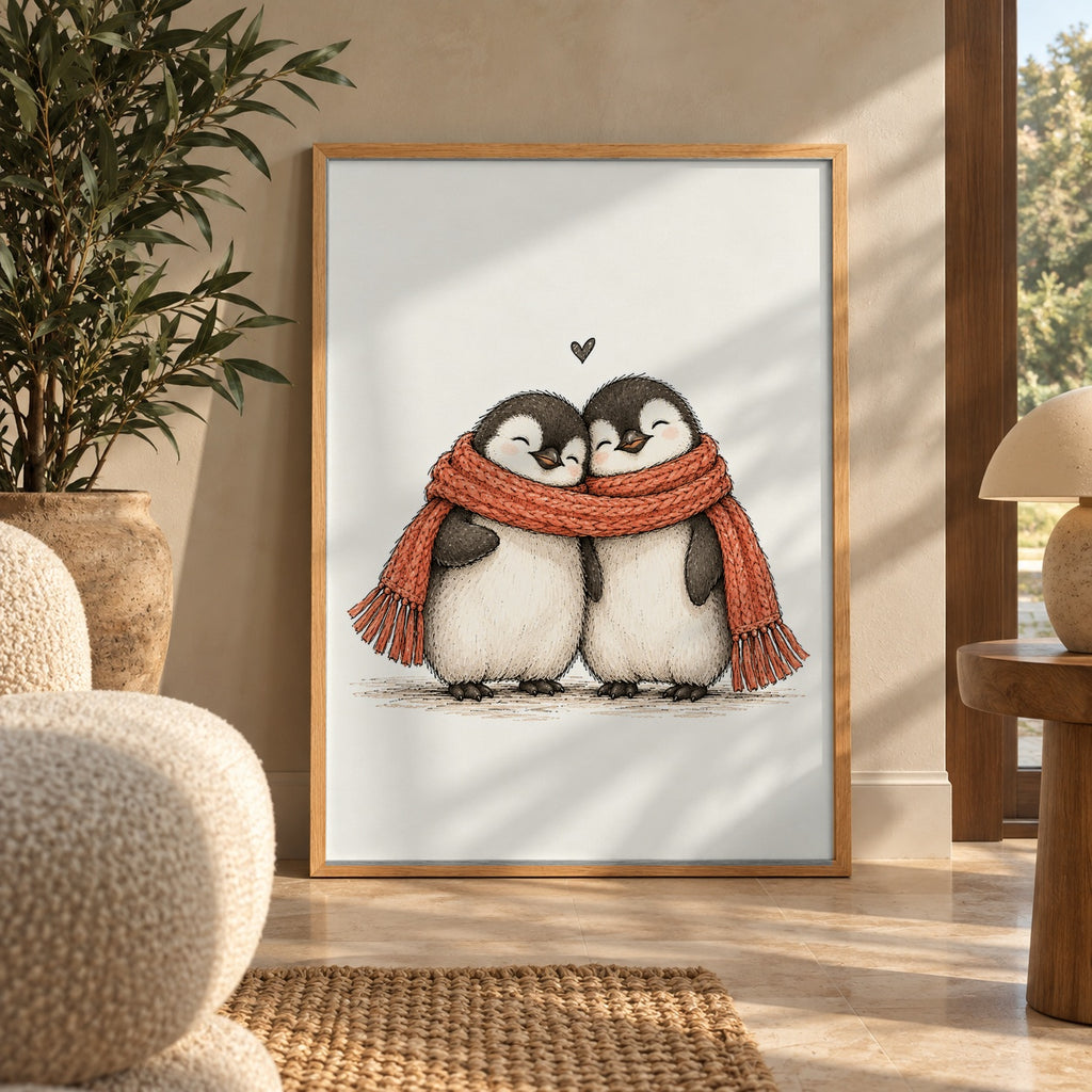 Two sweet penguins huddle close under one cozy red scarf, a tiny heart floating above them — wall art poster display