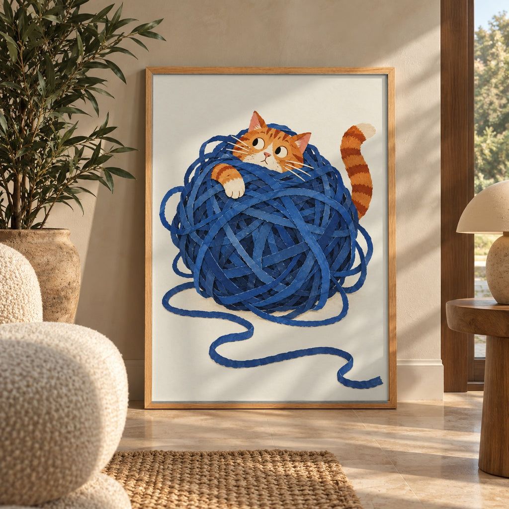 A cheeky ginger tabby peeks out from a giant tangle of blue yarn — wall art poster display