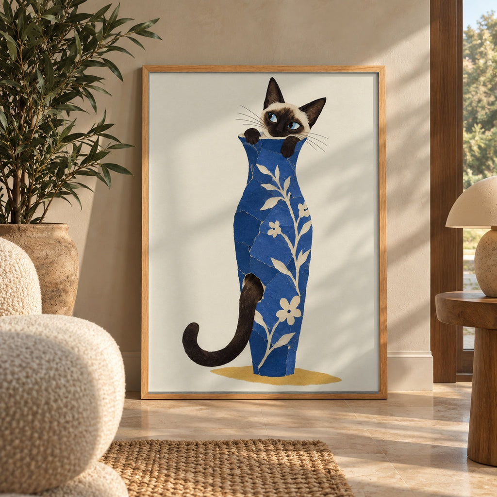 A curious Siamese cat peeks out from a collage-style blue floral vase, tail curling around the base — wall art poster display