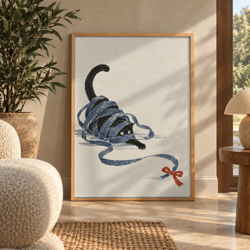 A playful black cat tangled up in a long blue ribbon with a red bow, sketched in a charming textured style — wall art poster display