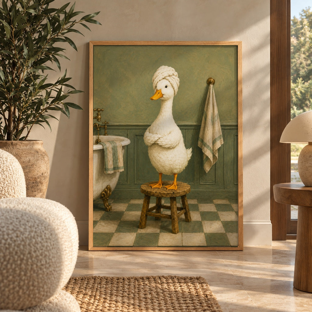 A fluffy duck stands proudly on a wooden stool, wrapped in a towel turban after a bath — wall art poster display