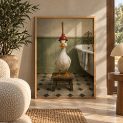 A quirky white duck wears a plunger like a helmet while standing proudly on a wooden stool in a vintage bathroom — wall art poster display