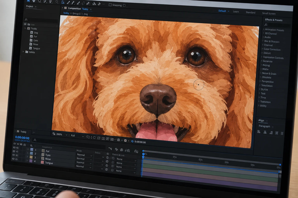 A custom dog portrait being drawn layer by layer on a laptop in our studio