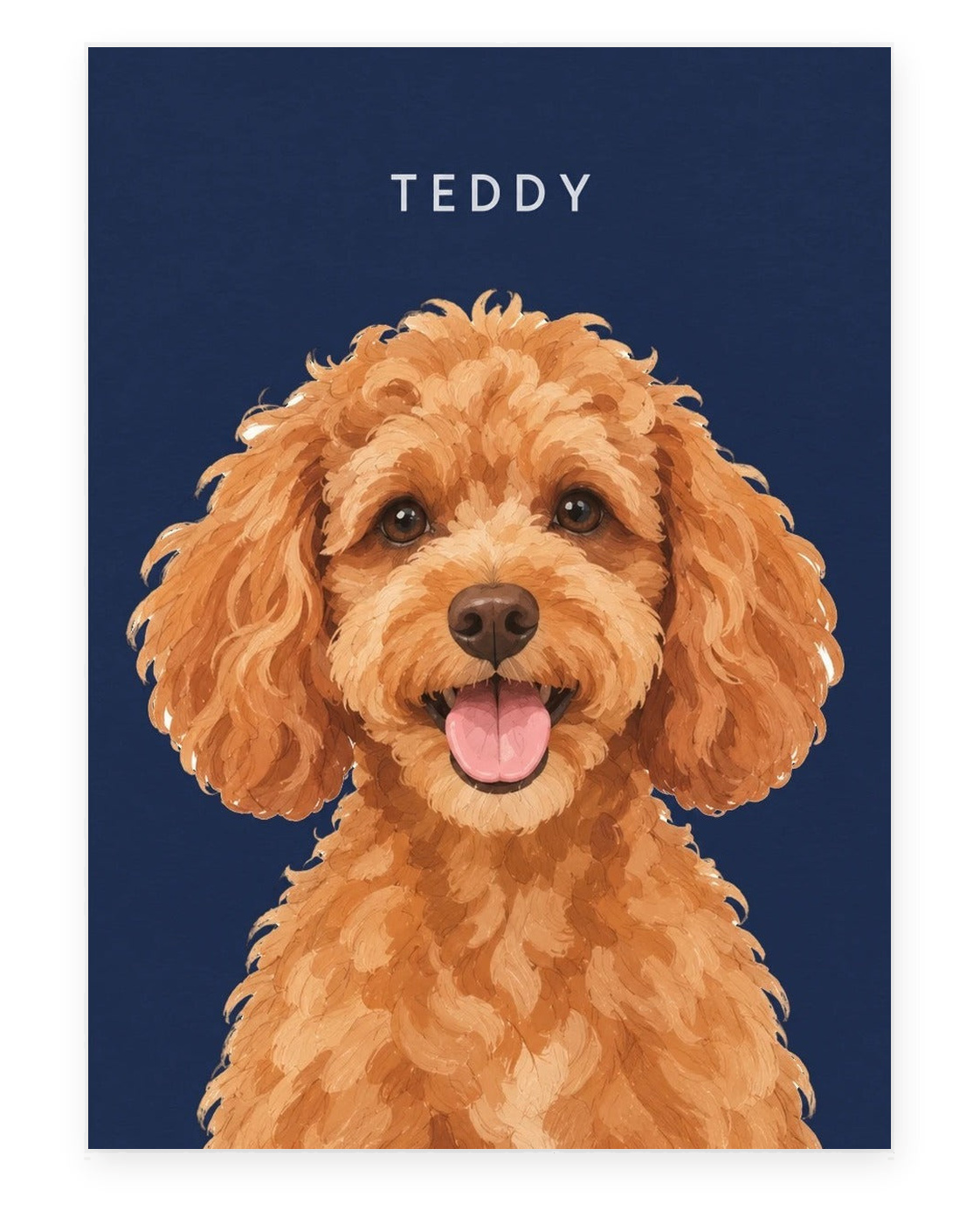 Custom pet portrait example, Navy background, With name print, Unframed