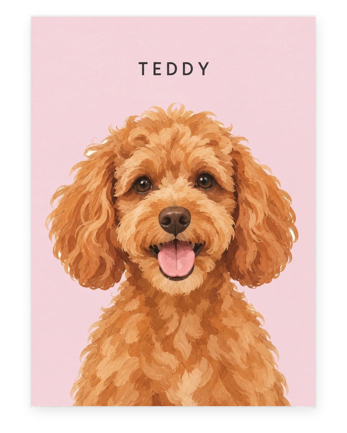 Custom pet portrait example, Pink background, With name print, Unframed