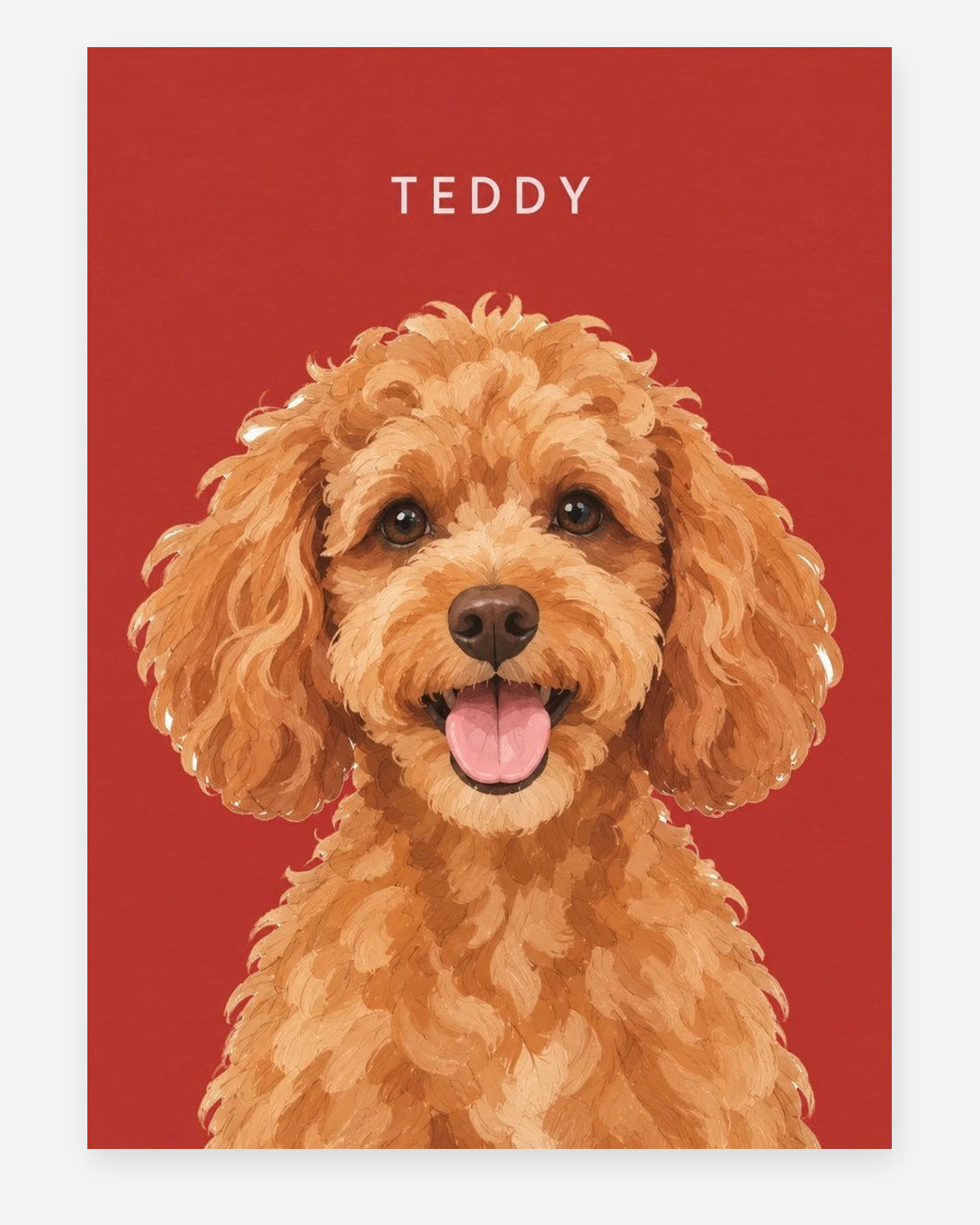 Custom pet portrait example, Red background, With name print, Unframed