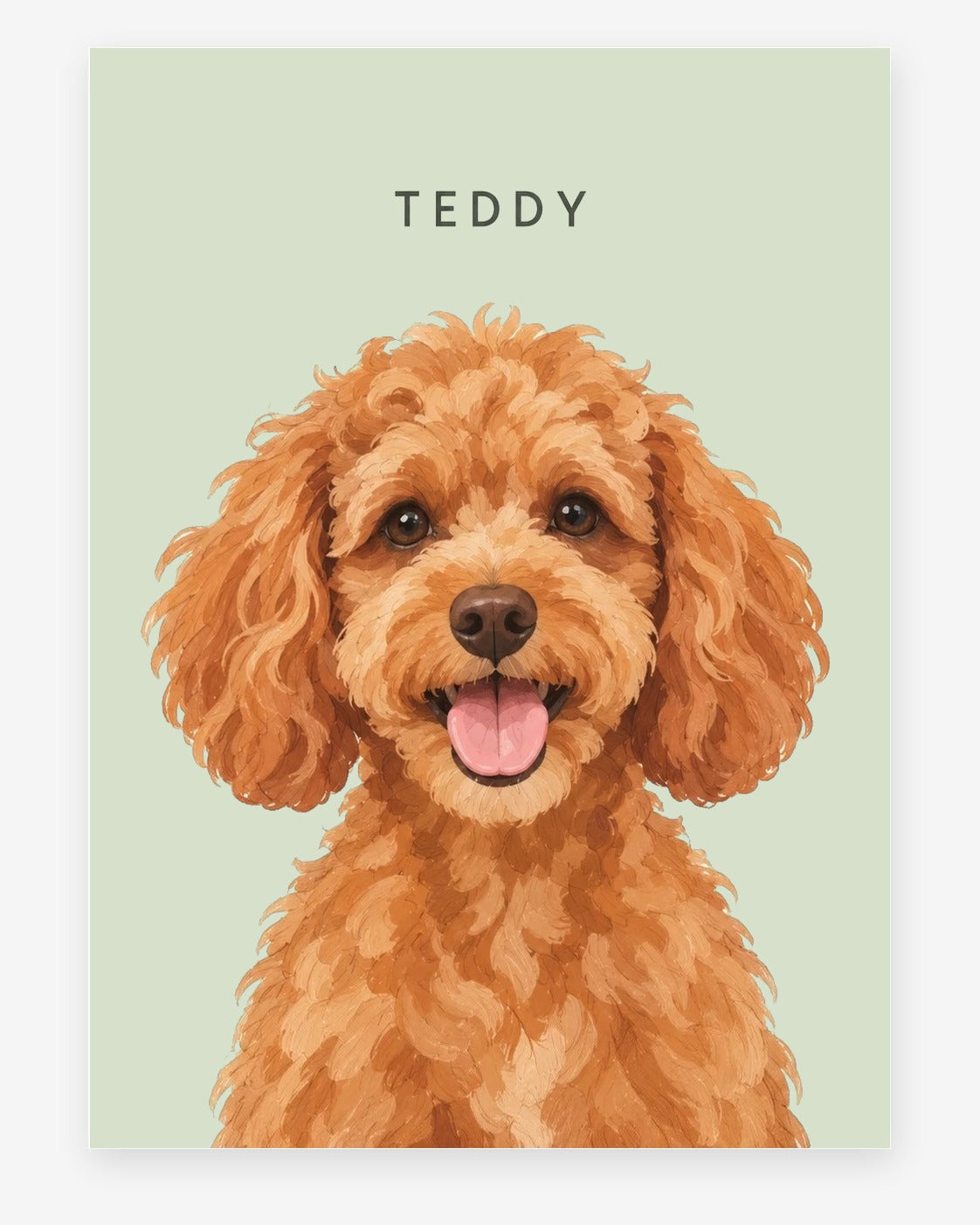 Custom pet portrait example, Sage background, With name print, Unframed