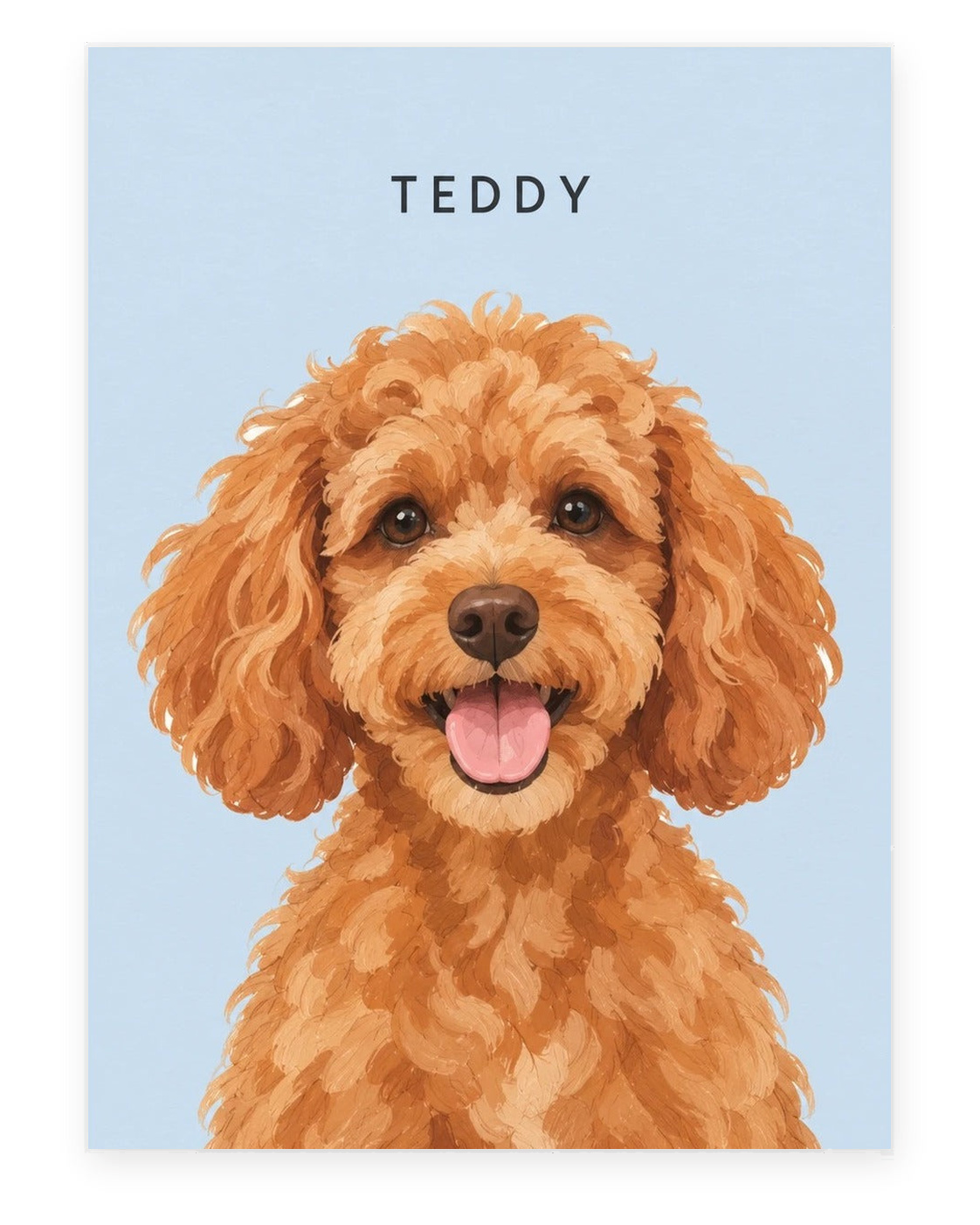 Custom pet portrait example, Sky Blue background, With name print, Unframed