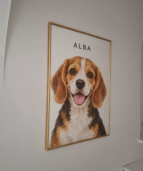 Customer's gold-framed portrait of Alba, a beagle