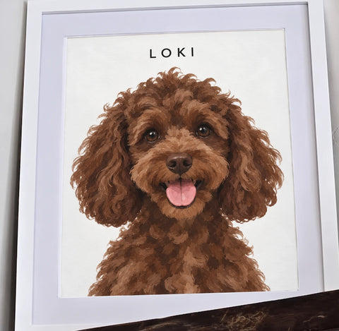 Customer's framed portrait of Loki, a brown cockapoo