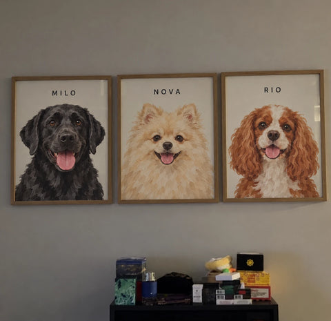 Three framed portraits of Milo, Nova and Rio on a customer's wall