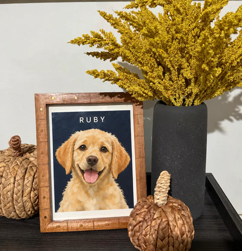 Customer's portrait of Ruby, a golden puppy, on a navy background