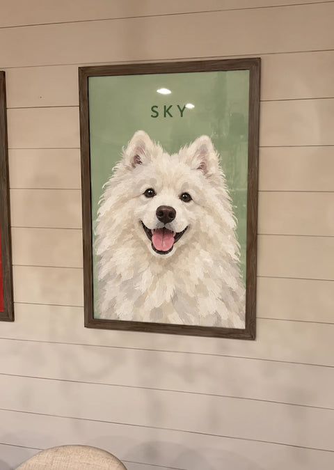 Customer's framed portrait of Sky, a Samoyed, on a green background