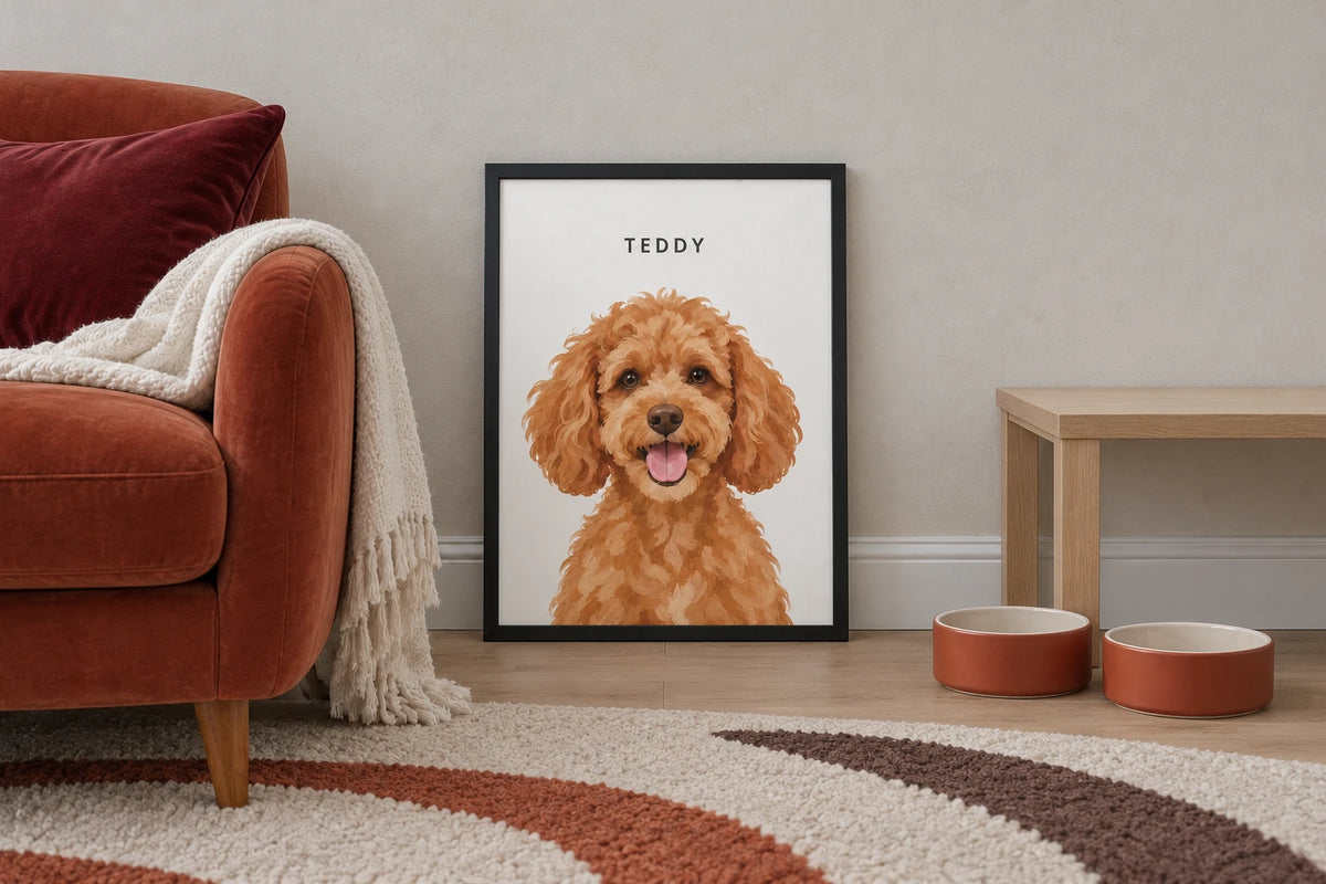 Framed custom portrait of a golden doodle named Teddy, leaning against a living room wall