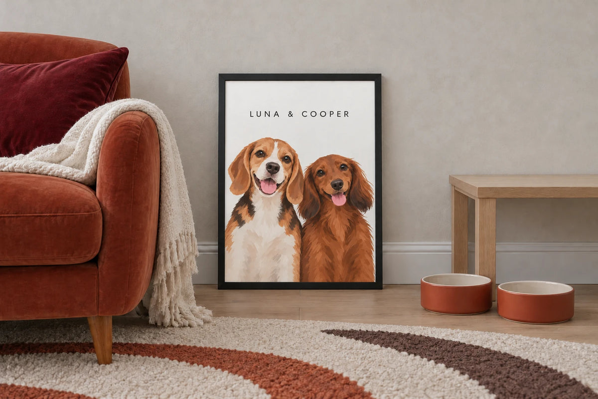 Framed duo portrait of two dogs, Luna and Cooper, side by side