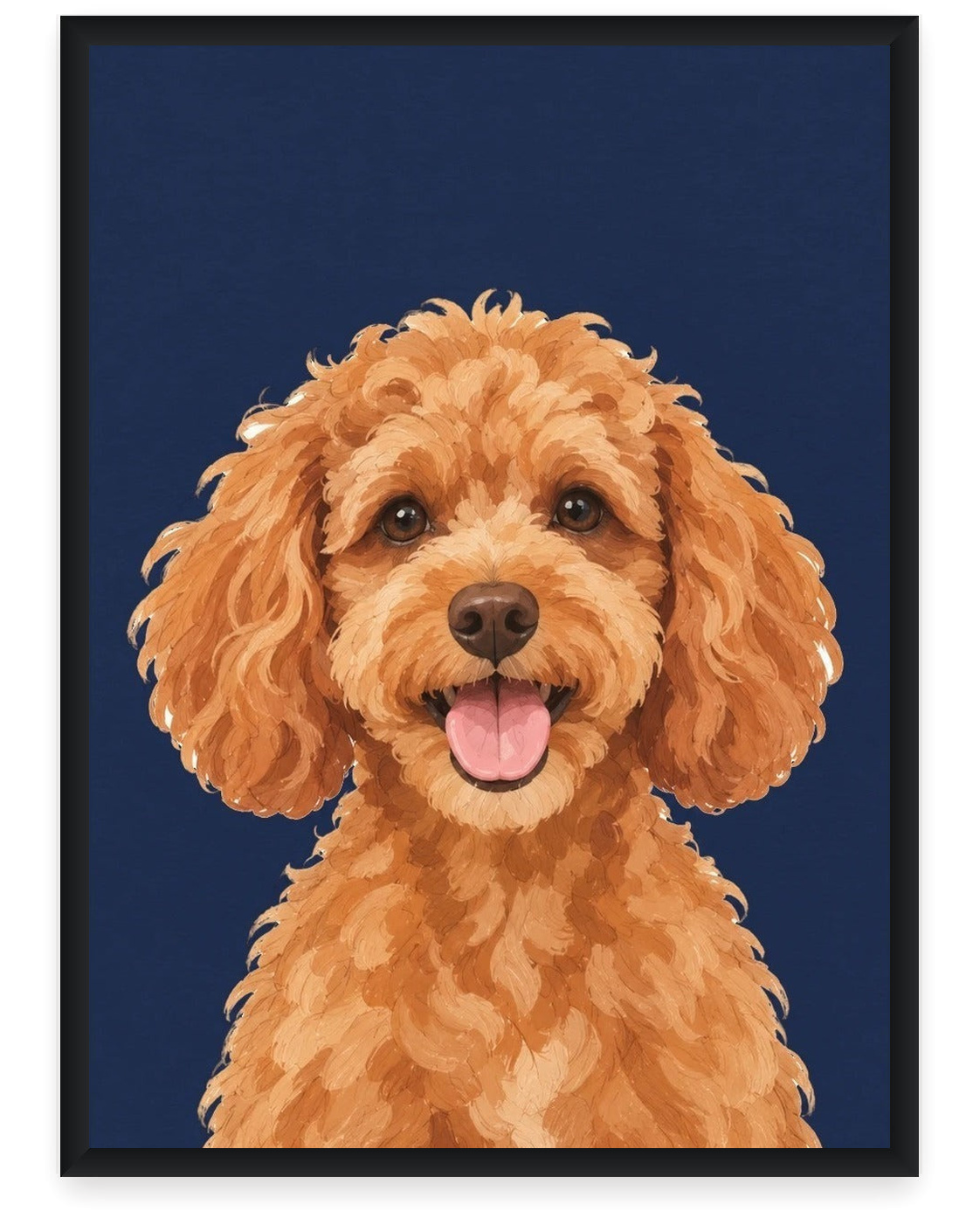 Custom pet portrait example, Navy background, No name print, Black frame